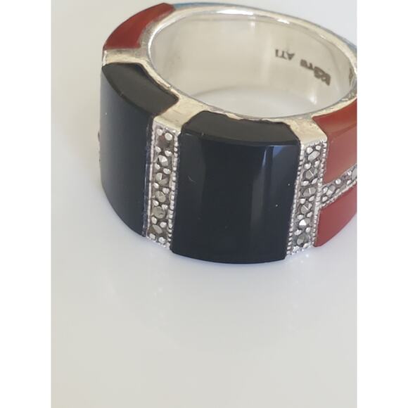 Vintage Onyx Carnelian and Marcasite Sterling Silver Wide Ring Band - Picture 5 of 9
